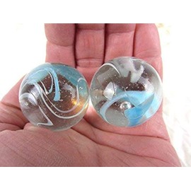 Big Game Toys Set of 2 Arctic 35mm Boulder Clear/White/Blue Swirl Large Shooter Solid Glass Marbles Home Decor/Vase Filler/Aquarium