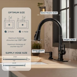 FORIOUS Vintage Kitchen Faucet with Soap Dispenser and Pull Down Sprayer, High Arc Single Handle Stainless Steel Classic Sink Faucet for Farmhouse Camper Rv Bar, Fit for 1 or 3 Hole, Oil Rubbed Bronze