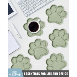 ME.FAN Silicone Coasters 6 Pack Paw Cup Mat with Holder, Dog Cat Paw Shape, for Hot or Cold Drink, Non-Slip, Non-Stick, Room Decor, Housewarming Desert Sage