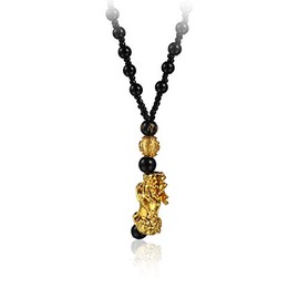 COLORFUL BLING Black Beads Obisidian Pi Xiu Pi Yao Pendant Necklace Hand Carved Mantra Attract Prosperity Wealth Amulet Necklace Protection Feng Shui Jewelry-Gold Round