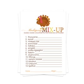 Thanksgiving Word Scramble Game Cards Pack of 25 - Unscramble Activity for Kids, Adults, Friends and Groups - Turkey Day Ideas – Autumn Event Supplies Printed (5x7 Inches) Paper Clever Party