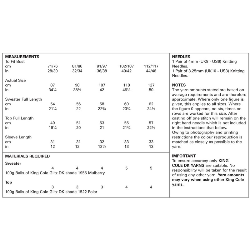 King Cole 4760 Knitting Pattern Womens Raglan Sweater and Top