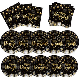 2025 New Year Party Supplies 12060 Pieces Black Gold Party Tableware Set, Including Plates, Napkins for 2025 New Year Birthday Party Decoration, Serve 16 Guests