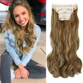 LELINTA 24" Curly Wavy 4 Pieces Set Thick Clip in on Synthetic Hair Extensions Hairpieces for Women Ginger Brown Mix Bleach Blonde