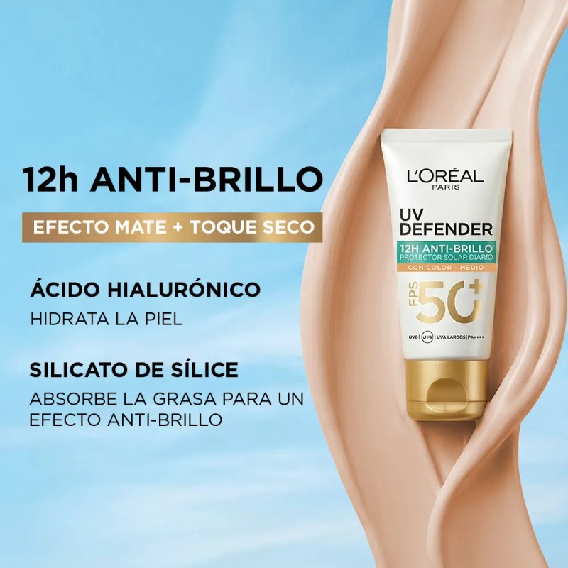 Protector Solar Oréal Paris Defender Anti Brillo Color Tono Medio