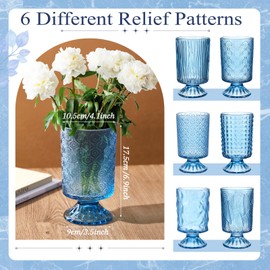 Ninehaoou 6 Pcs (H:7" W:4") Embossed Flower Vase Pedestal Glass Vase Big Base Thickened Crystal Vintage Vases for Valentines Day Wedding Home Decor Table Centerpiece House Warming Gifts(Blue)