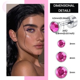 Artskin Women Stud Earrings Titanium Girls Flatback Earrings Hypoallergenic Crystal Men's Earrings Silver Cartilage Earring 3mm/4mm/5mm (Rose)