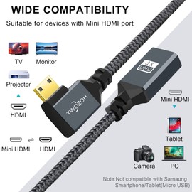 Twozoh Mini HDMI to HDMI Adapter Cable 0.6FT, Nylon Braided 90° Degree Right Angle Male Mini HDMI to Female HDMI Extension Cable Support 3D/4K 1080p