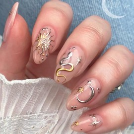 Gold Silver Snake Press on Nails Sun Star False Nails Long Almond Fake Nails Glossy Acrylic Glue on Nails for Women Girls