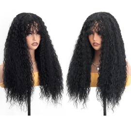 GOTEFERBE Curly Wig for Women and Girls Long Afro Curls Wig with Bangs Synthetic Hair Replacement Wigs for Cosplay Halloween Daily Use Natural Black 26 Inch Natural Color