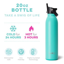 Swig Life 20oz Insulated Water Bottle, Travel Water Bottle with Straw and Lid, Cup Holder Friendly Water Bottles, Stainless Steel Water Bottle, 20 oz Tumbler, Reusable Water Bottle (Matte Aqua)