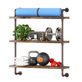 Helsin 3 Tier Industrial Pipe Shelf Rustic Wood Floating Shelves,Wall Display Bookshelf,Storage Rack Sundries Holder for Kitchen Office Bathroom Organization and Home Decor (32inch)