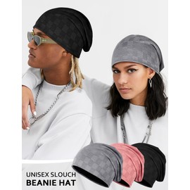 Kiiwah Beanie Hat Grid Structure, Slouch Beanie Long Unisex for Men Women Knitted Hats Lightweight Elastic for Autumn Winter Sports Everyday Chemo, black