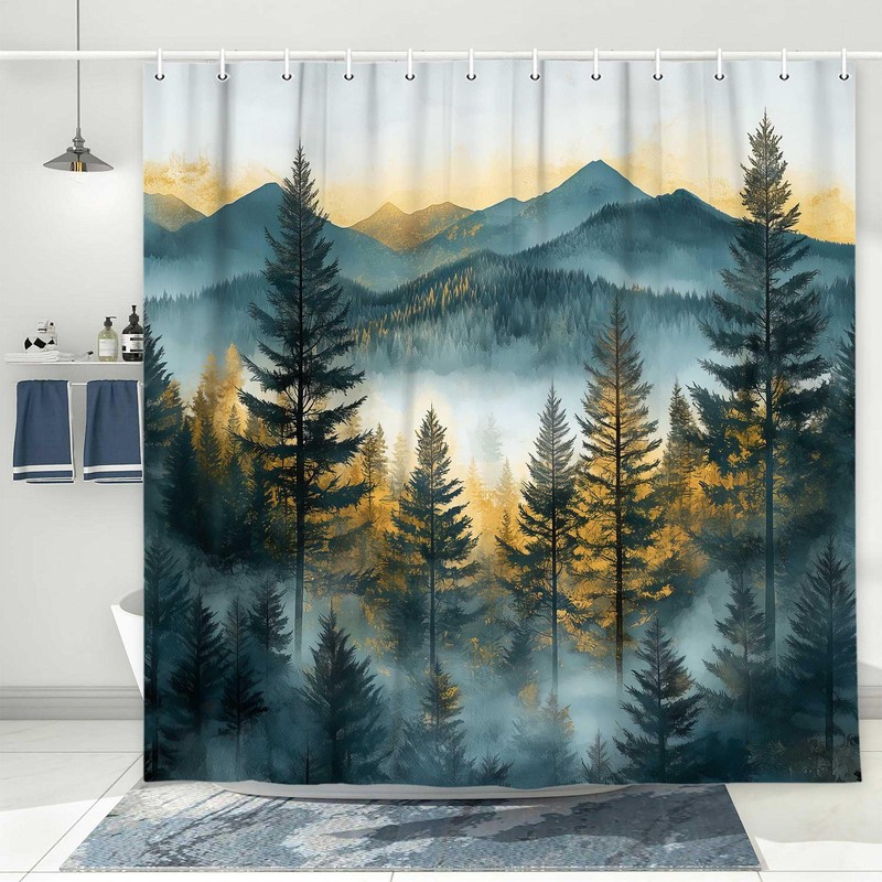 DYNH Misty Mountain Forest Shower Curtain,Sunset Sunrise Woodland Pine Tree