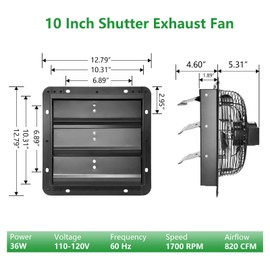 Aibabcue Shutter Exhaust Fan with Thermostat & Speed Control, 820 CFM,1700RPM, Upgrade 10 inch Wall Mount Attic Vent Fan for Chicken Coops, Greenhouse, Gable, Barn, Garage, Shed Ventilator