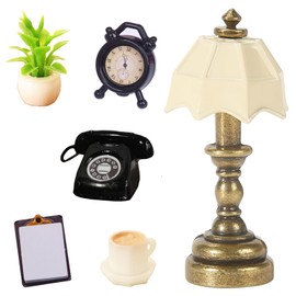 Miniature Furniture Gnome Accessories, Miniature Accessory Set Mini Phone + Alarm Clock + Table Lamp + Clipboard + Coffee Cup + Potted Plant, Dollhouse Accessories 1:12 for Children Decoration DIY,