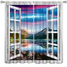 Llylumty - Cortinas opacas con vistas al verano, paisaje del amanecer, cielo, montaña, naturaleza, bosque, lago, transparente, para ventana de sala de estar, 42 x 45 pulgadas