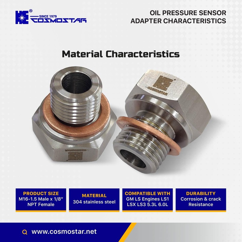 Cosmostar Stainless Steel Oil Pressure Sensor Adapter – M16-1.5 Male