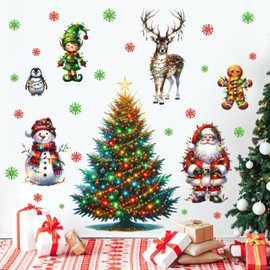 Merry Christmas Wall Decorations Stickers Neon Christmas Tree Wall Decals Peel and Stick Santa Claus Deer Decals Decor Indoor Xmas Snowman Snowflakes Art Stickers for New Year Party Living Room Decor