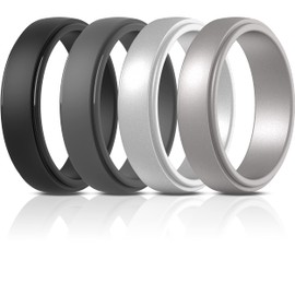 ThunderFit Silicone Rings for Men - 4 Rings Stepped Edge Rubber Wedding Bands (7mm Wide - Gun Metal, Silver, Black, Dark Grey, 9.5-10 (19.8mm))