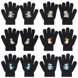 QKURT 6 Pairs Kids Gloves, Winter Knit Gloves Children Mitten Stretchy Full Finger Kids Mitten with Cartoon Pattern for 5-12 Years Old Boys Girls Birthday Christmas