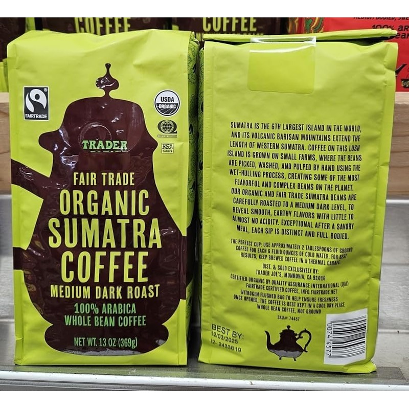 Trader Joe Organic Sumatra Medium Dark Roast Whole Bean Coffee