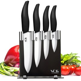 Vos Ceramic Knife Set with Block, Ceramic Knives Set For Kitchen, Ultra Sharp Kitchen Knife Set with Covers, 3" 4" 5" 6" Chef Knife, Utility, Paring & Versatile, Lightweight, Dishwasher safe (Black)