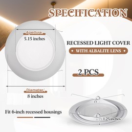 Glooglitter 2 Pcs 6 Inch Shower Trim Recessed Light Covers with Albalite Lens White Bathroom Shower Light Covers Can Replacement Waterproof Trim for Ceiling Wet Locations