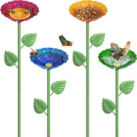 KOMIBOBO 4Pcs Bee Watering Station, 4.13" Butterfly Bee Bath Bowl, Metal Colorful Flower Shaped Pollinator Watering Station Bee Waterer Bird Feeder for Outdoor Garden Decor (Red,Green,Blue,Yellow)