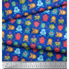 Soimoi Blue Cotton Cambric Fabric Monster Cartoon Decor Fabric Printed BTY 56 Inch Wide