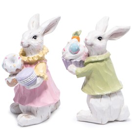 Hodao 2 PCS Easter Bunny Couple Decoration Spring Easter Rabbit Decor Woodcut Figurines Tabletopper Decoration for Party Cute Rabbit Easter Day Gifts Decor for Home Holiday Party (White)
