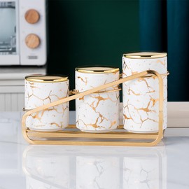 XYQXYQ Ceramic Canister Set for Kitchen Countertop - A Set of 3 Kitchen Canisters with Tiered Shelf, Airtight Countertop Flour and Sugar Containers, Coffee and Tea Storage (White)