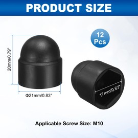 sourcing map 12Pcs Hex Nut Cover, M10x17x20mm Plastic Dome Nut Protection Cap Hex Screws Bolt Covers for Indoor Outdoor Furniture Automotive Bolts Decoration, Black