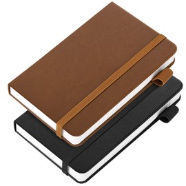 OMEYA (2 Pack) Pocket Notebook Notepad,3.5" x 5.5" Ruled PU Leather Hardcover Small notepads Mini Journal Dairy with 120Gsm Thick Paper, Pen Holder,Inner Pocket,Elastic Closure-Black+Brown