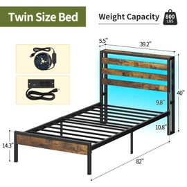 Yoobure Twin Bed Frames, Twin Bed Frame with Headboard and LED Lights, Beds with Charging Station, Wood Twin Bedframe for Kids, Twin Size Bed, Noise-Free, No Box Spring Needed, Easy Assembly