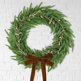 Stranthother Vintage 13 inch Small Christmas Norfolk Pine Wreath Artificial Pine Greenery Christmas Wreath with Brown Velvet Bows and Gold Leaves for Holiday Wall Window Indoor Outdoor Decoration