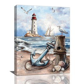 Nautical Wall Art Beach Lighthouse Anchor Pictures Wall Decor Coastal Canvas Prints Framed Paintings Artwork For Bathroom Kitchen Bedroom Dinning Room Living Room Office 12"x16"