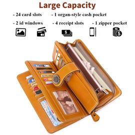 KELEEL Women's RFID Blocking Wallet Genuine Leather Clutch Wallet Card Holder Organizer Ladies Purse (Yellow)