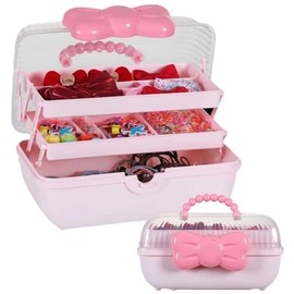 Huniupore Hair Accessories Organizer for Girls Headbands, Clips, Ties Baby Girl Supplies, Lockable Three-layer Folding Craft Organizers and Storage Plastic Jewelry Box,10.8 * 5.9 * 5.7in (Pink)