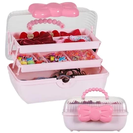 Huniupore Hair Accessories Organizer for Girls Headbands, Clips, Ties Baby Girl Supplies, Lockable Three-layer Folding Craft Organizers and Storage Plastic Jewelry Box,10.8 * 5.9 * 5.7in (Pink)