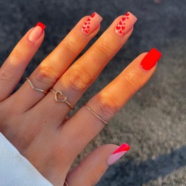 Valentines Press on Nails Medium Square Fake Nails, LPOODDNU Red Heart Glue on Nails Full Cover Valentine’s Day Artificial Nails Cute Hearts Stick on Nails for Women Manicure Tips Decorations, 24Pcs