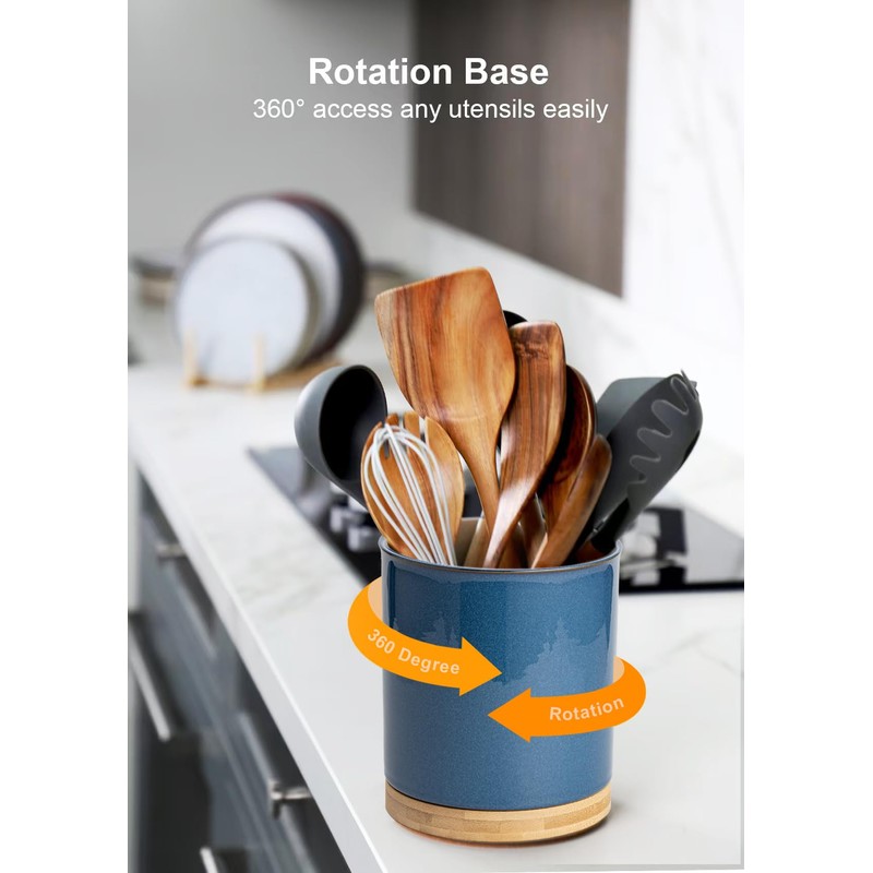 Nucookery 360°Rotating Utensil Holder, 7.2" Kitchen Utensil Crock, Ceramic Cooking