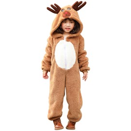DECEED Reindeer Onesie for Kids, Cute Santa Cosplay, Unisex, Fluffy, Thick, Long Sleeve, Winter-Ready Christmas Reindeer Costume, Santa Costume for Kids (M Size)