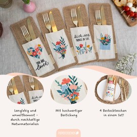 Papierdrachen 4 Jute Cutlery Bags with Floral Embroidery and Inspirational Messages, 10 cm x 26.5 cm, Sustainable & Stylish, Spring Decoration Set 1, 080-014-001