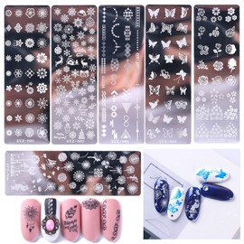 Set of 6 Nail Art Plates, Nail Art Image Stamping Plate Set, Nail Art Stamp Plate, Manicure Tool, Suitable for Nail Art DIY Decoration, Flowers, Snowflakes, Butterflies, Dandelions