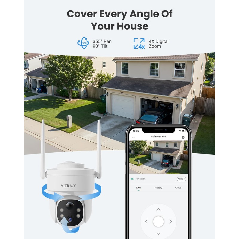 VIZIUUY Solar Security Cameras Wireless Outdoor, 3MP Pan Tilt 360°WiFi