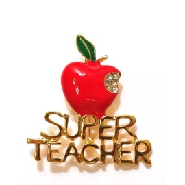 Rinhoo Jewelry Teacher Appreciation SUPER TEACHER Red Apple Rhinestones Brooch Pin NEW
