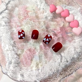 Valentines Burgundy Press on Nails Short Square, JNRNALI Short Fake Nails Full Cover False Nails, Gel Nails Acrylic Nails Press ons, Glossy Glue on Nails Reusable Nail Kit for Women Girls 24Pcs