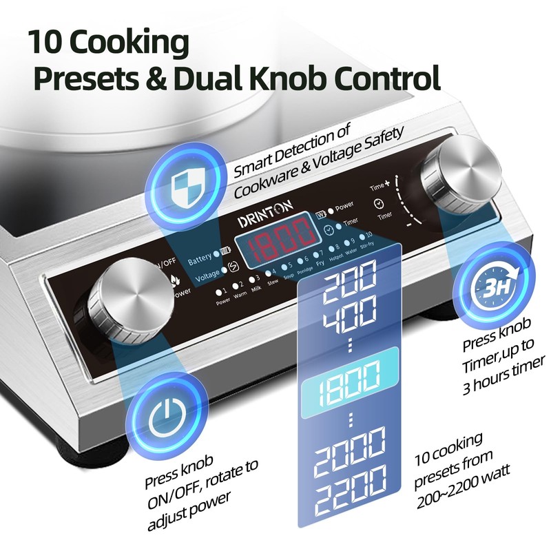 DRINTON Induction Cooker, 2200W Commercial Induction Cooktop, Large Countertop Burner