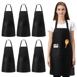 Vegena Apron Black, Pack of 6 Cooking Aprons for Women, Men, Barbecue Apron with 2 Pockets, for Cooking, Kitchen, Gardening, Restaurant, Coffee House, Painting, Housework (60 x 70 cm)